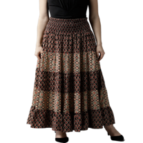 Coffee Brown & Beige Ethnic Print Maxi Tiered Skirt