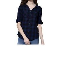 Women Blue & Black Slim Fit Checked Casual Shirt