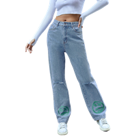 Urbanic Women Blue Cotton Relaxed Fit Mildly Distressed Light Fade Embroidered Jeans