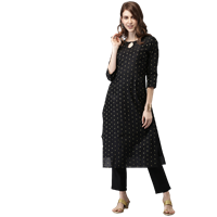 Women Black & Gold-Toned Self Design Kurta with Trousers
