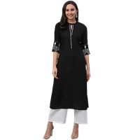 Women Black & Off-White Embroidered Straight Kurta