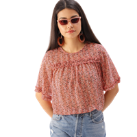 Women Coral Pink Printed High-Low Top