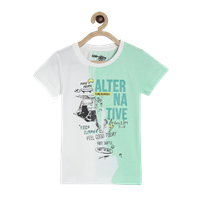 Boys Green & White Printed Round Neck T-Shirt